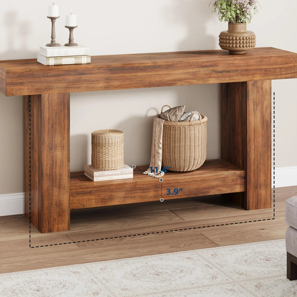 Country-Style Console Table with 2 Shelves - Long Wooden Table for Hallway & Living Room - 1.6-Meter Flame Pattern Color