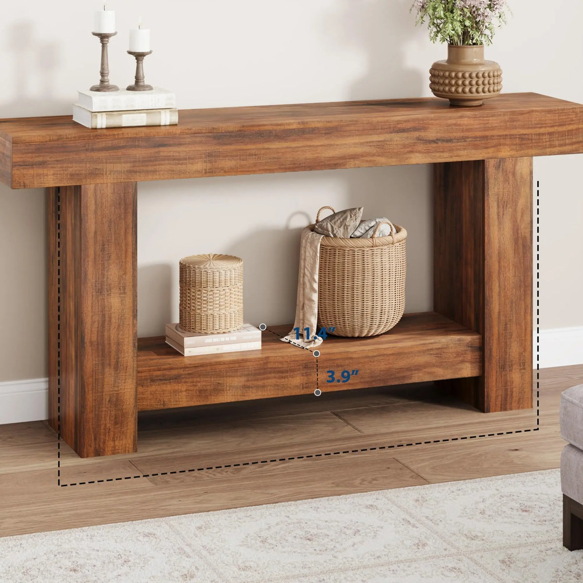 Country-Style Console Table with 2 Shelves - Long Wooden Table for Hallway & Living Room - 1.6-Meter Flame Pattern Color