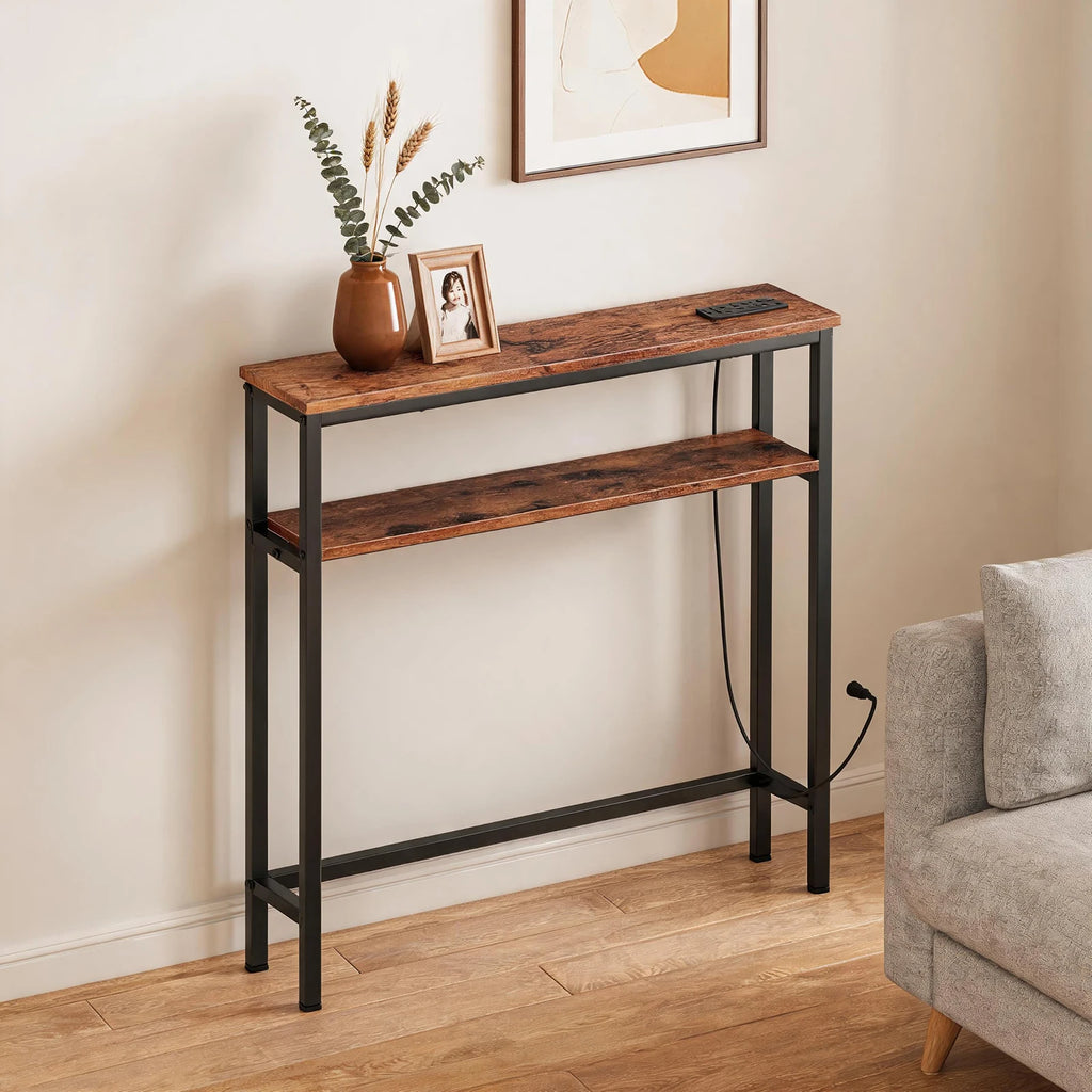 Narrow Console Table With Power Outlets, 2-Tier Slim Sofa Table With USB-C, Behind Couch Entryway Table For Living Room