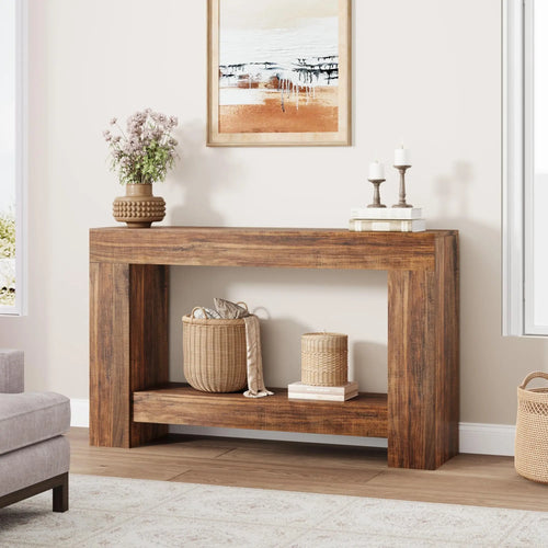Country-Style Console Table with 2 Shelves - Long Wooden Table for Hallway & Living Room - 1.6-Meter Flame Pattern Color