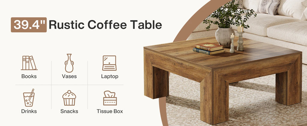 Tribesigns 39.4-Inch Square Coffee Table for Living Room, Farmhouse All MDF Accent Center Cocktail Table with Sturdy Wooden Legs