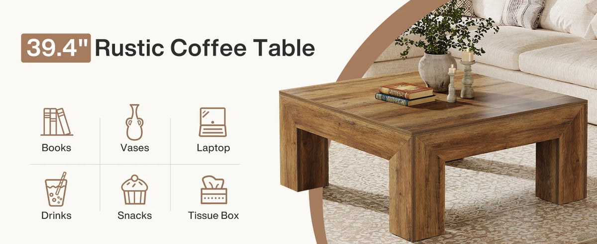 Tribesigns 39.4-Inch Square Coffee Table for Living Room, Farmhouse All MDF Accent Center Cocktail Table with Sturdy Wooden Legs