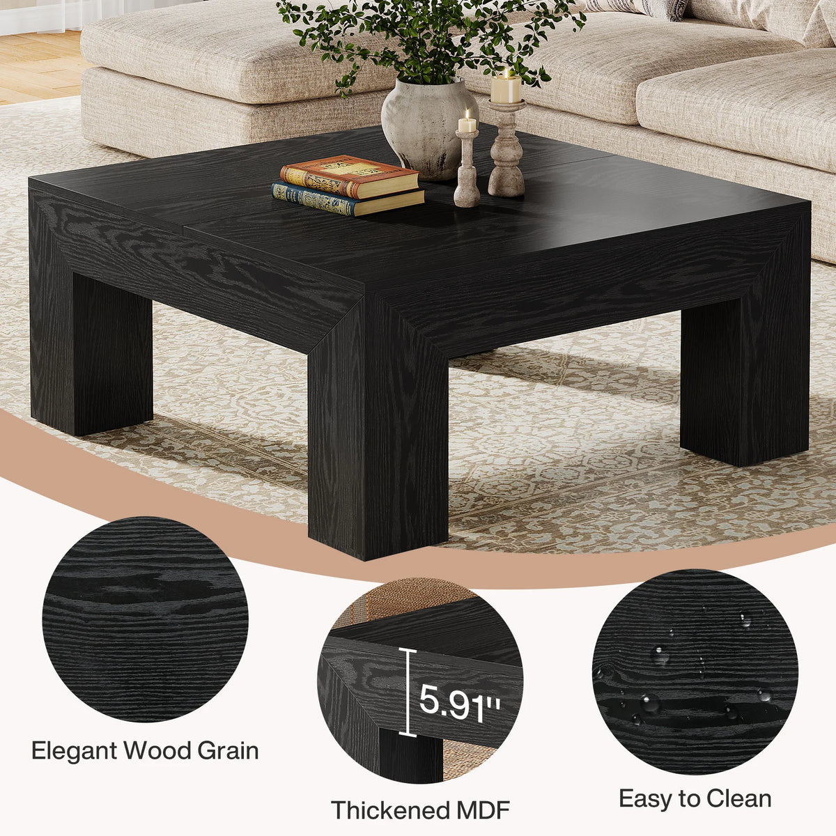 Tribesigns 39.4-Inch Square Coffee Table for Living Room, Farmhouse All MDF Accent Center Cocktail Table with Sturdy Wooden Legs