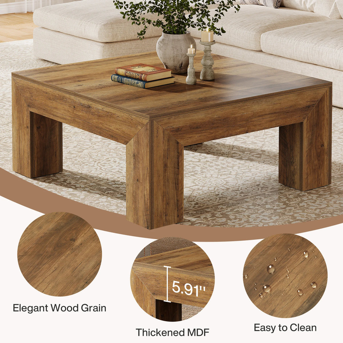 Tribesigns 39.4-Inch Square Coffee Table for Living Room, Farmhouse All MDF Accent Center Cocktail Table with Sturdy Wooden Legs