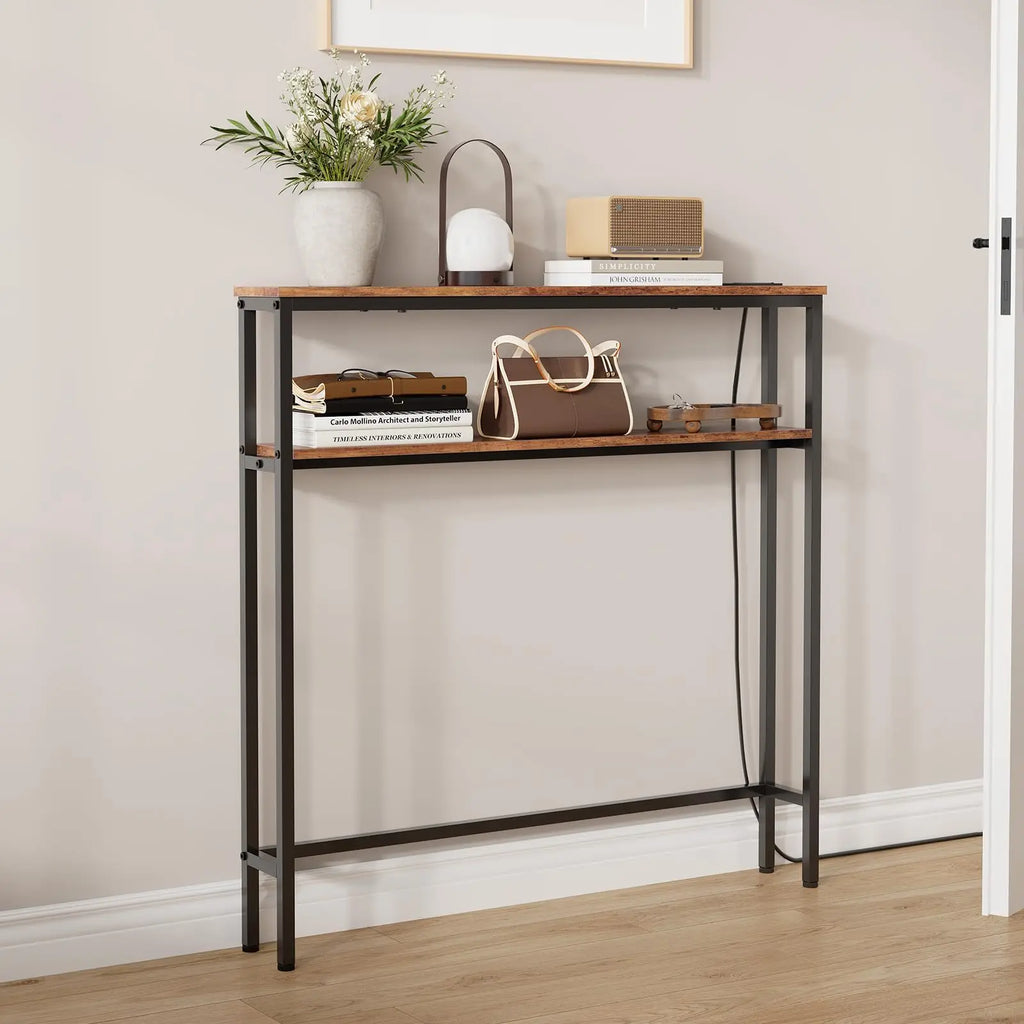 Narrow Console Table With Power Outlets, 2-Tier Slim Sofa Table With USB-C, Behind Couch Entryway Table For Living Room