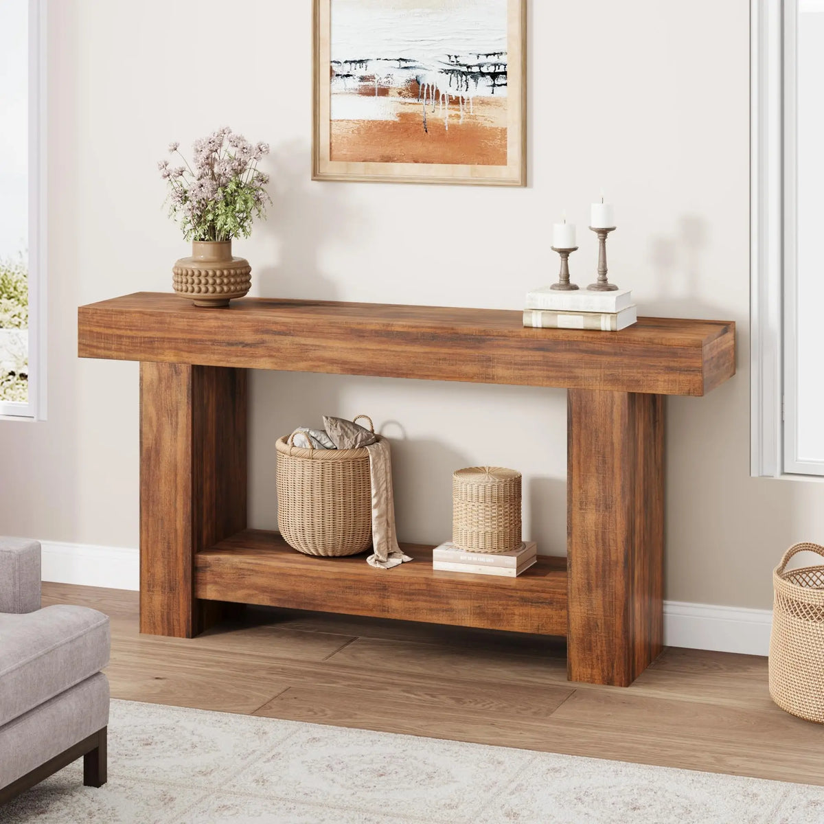 Country-Style Console Table with 2 Shelves - Long Wooden Table for Hallway & Living Room - 1.6-Meter Flame Pattern Color