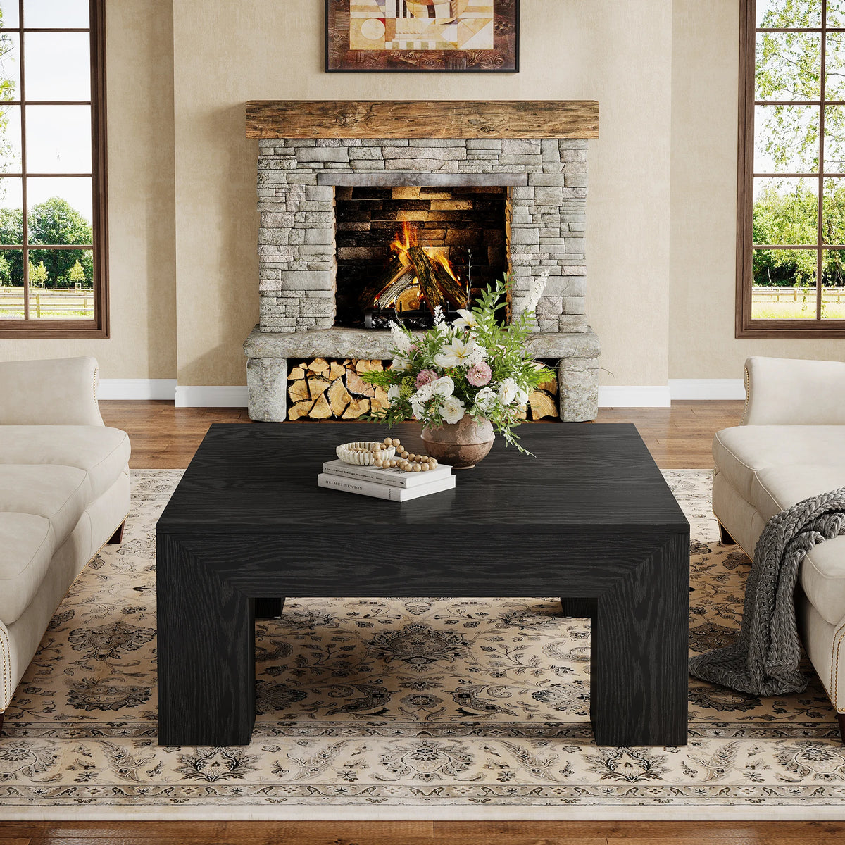 Tribesigns 39.4-Inch Square Coffee Table for Living Room, Farmhouse All MDF Accent Center Cocktail Table with Sturdy Wooden Legs