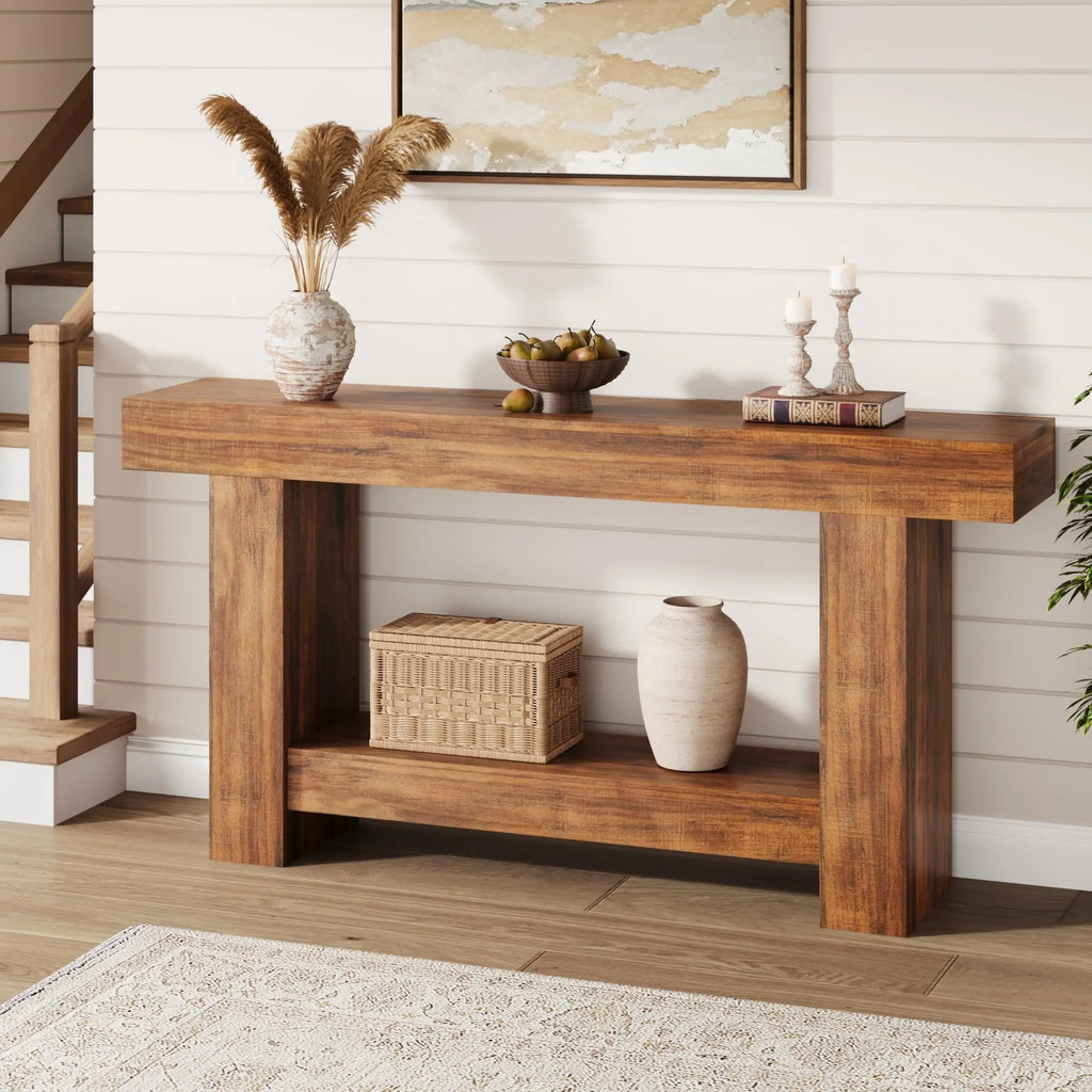 Country-Style Console Table with 2 Shelves - Long Wooden Table for Hallway & Living Room - 1.6-Meter Flame Pattern Color
