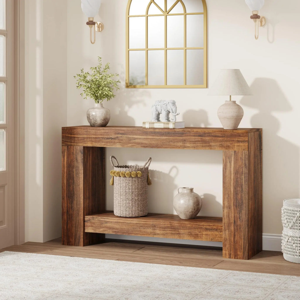Country-Style Console Table with 2 Shelves - Long Wooden Table for Hallway & Living Room - 1.6-Meter Flame Pattern Color