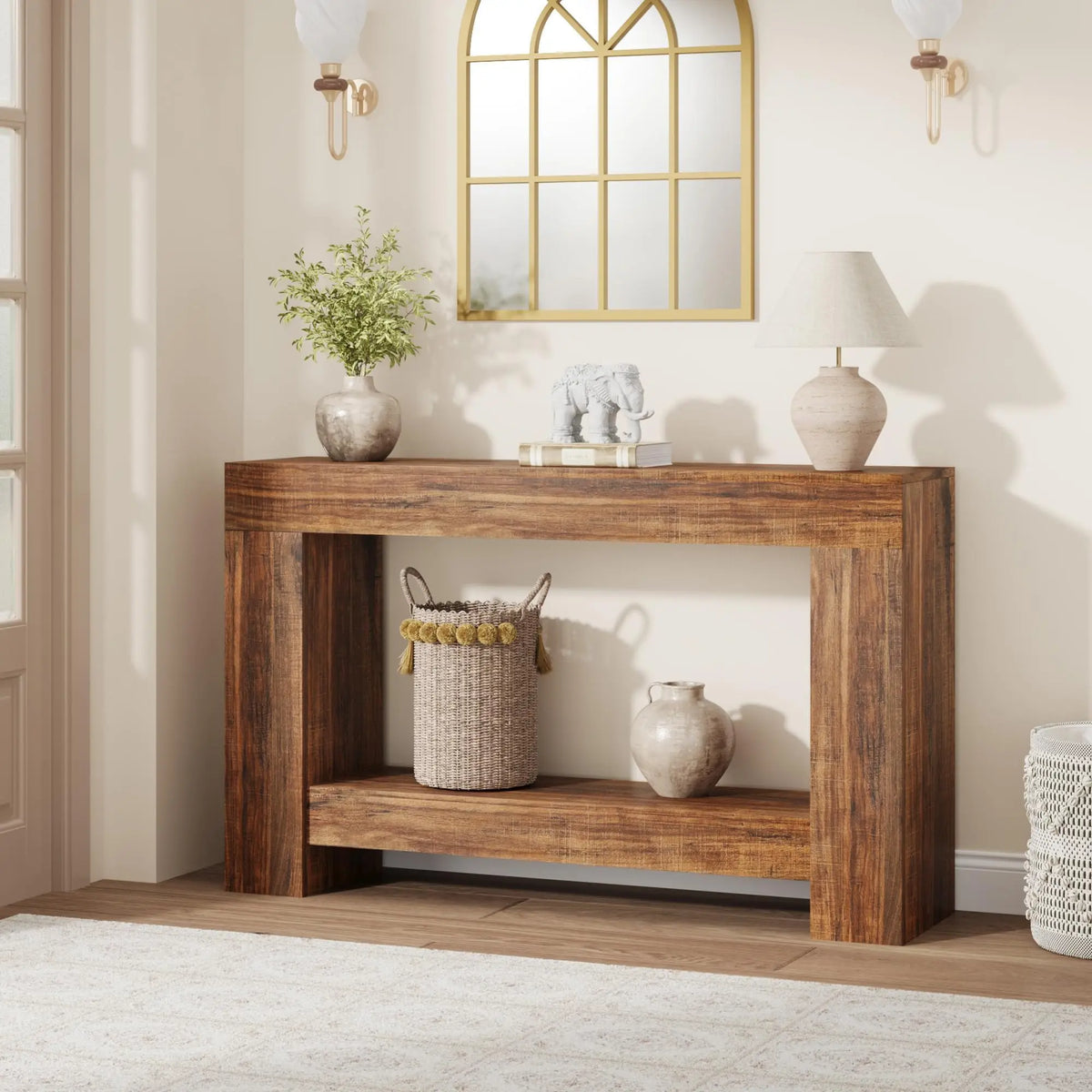 Country-Style Console Table with 2 Shelves - Long Wooden Table for Hallway & Living Room - 1.6-Meter Flame Pattern Color