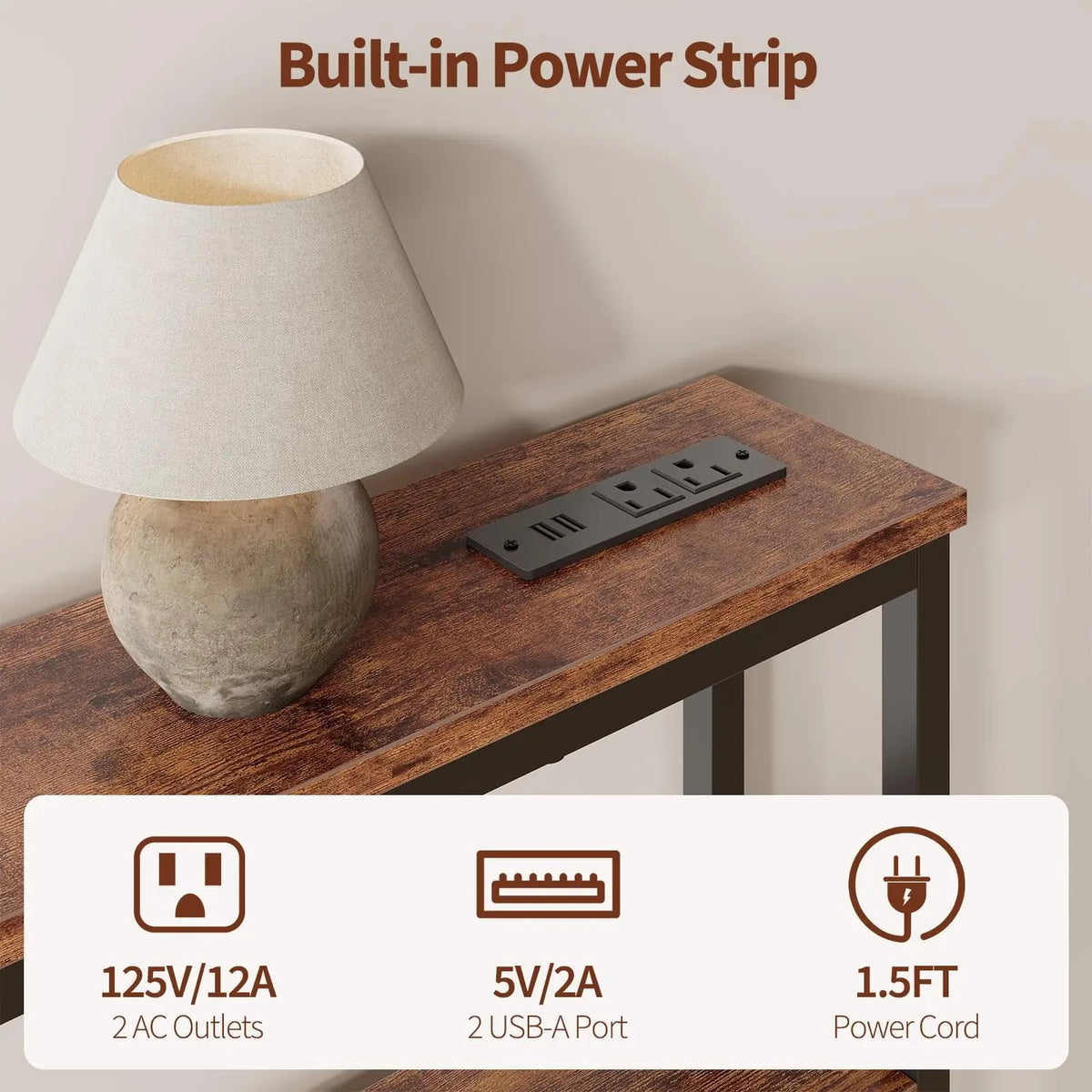 Narrow Console Table With Power Outlets, 2-Tier Slim Sofa Table With USB-C, Behind Couch Entryway Table For Living Room