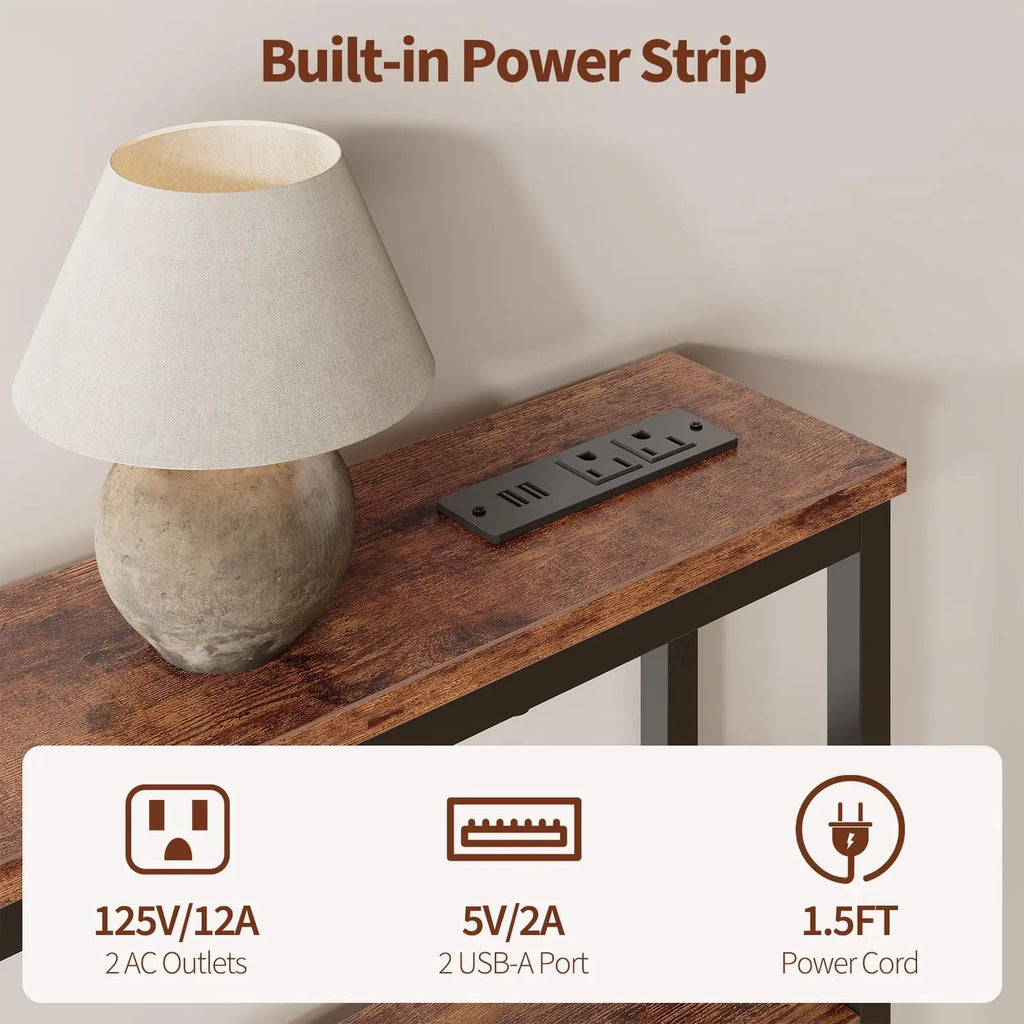Narrow Console Table With Power Outlets, 2-Tier Slim Sofa Table With USB-C, Behind Couch Entryway Table For Living Room