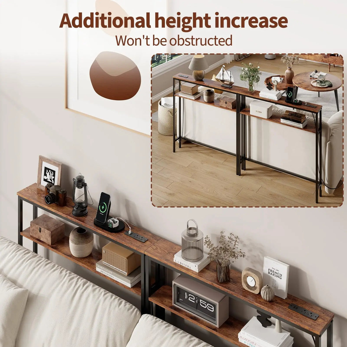 Narrow Console Table With Power Outlets, 2-Tier Slim Sofa Table With USB-C, Behind Couch Entryway Table For Living Room