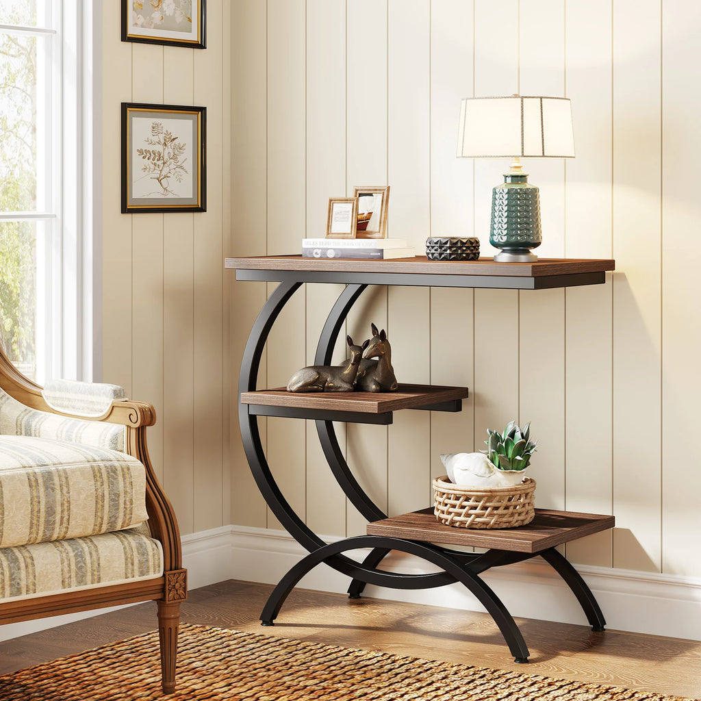 Tribesigns C-Shaped End Table, Industrial 3-Tier Small Table for Couch, Wood Bedside Table Snack Table with Storage Shelves